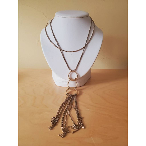 Lucky Brand HorseShoe Fringe Necklace Yellow Gold tone 2 Strand Chain New - Picture 1 of 7